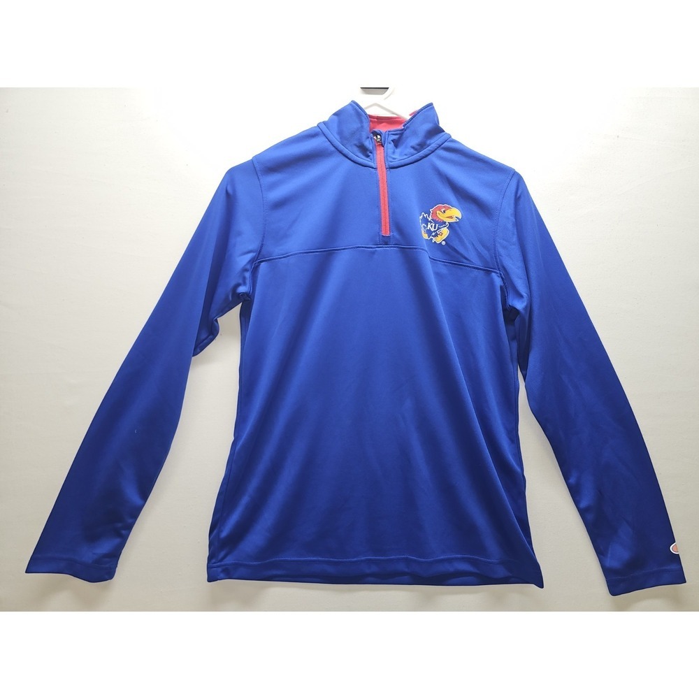 Champion KU Kansas Jayhawks 1/4 Zip Pullover Jacket Royal Blue Red Men's Size XL